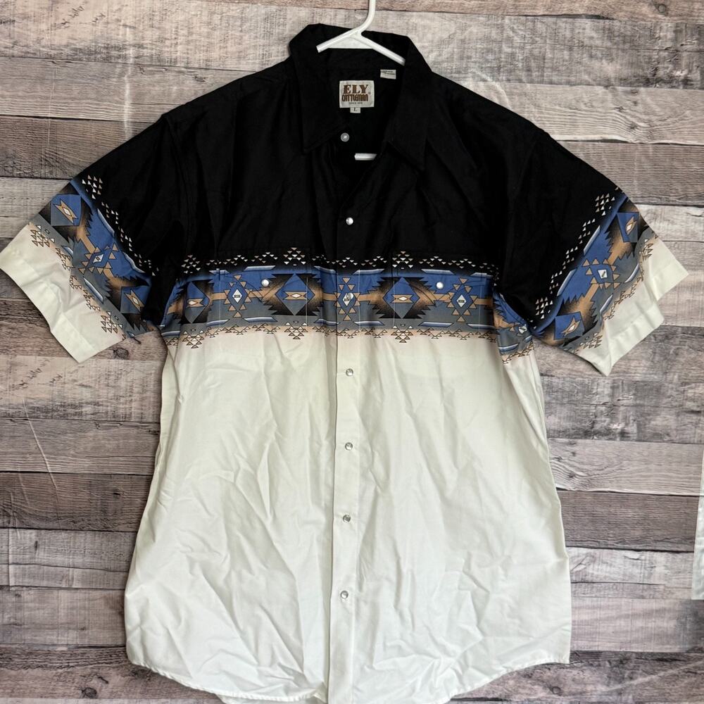 Ely Cattle Aztec Pearl Snap Western Shirt Mens Large Black White Cowboy